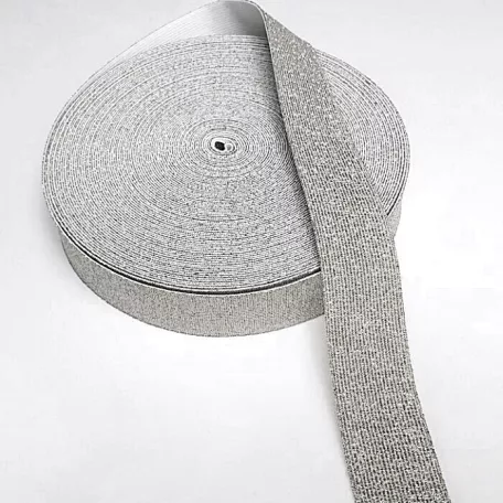 Gumiszalag 38 mm csillogó ezüst lurex szálakkal   25 méteres