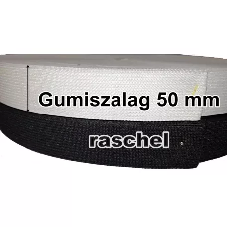 Gumiszalag 50 mm, raschel szövés, hófehér, nyersfehér és fekete színben (25 m/ tekercs/szín) 