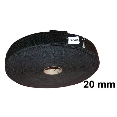 Gumiszalag 20 mm, raschel szövés, fekete színben (25 m/ tekercs/szín). 