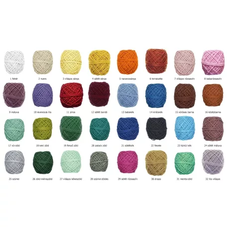 Makramé zsinór sodrott 1,5 mm színes 3,3/3 pamut anyagból 50g/ 50 méter/db, többféle színben.