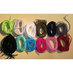   Bőrcsík, velúrbőr szál, 3 mm x 2 mm szögletes, ecobőr nem fényezett, többféle színben;  5 x 1 méter / csomag/szín. 