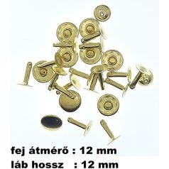   Csőszegecs, bőrszegecs 12 mm (fej)+12 mm (láb), arany, vas alapú. (100 pár/csomag)