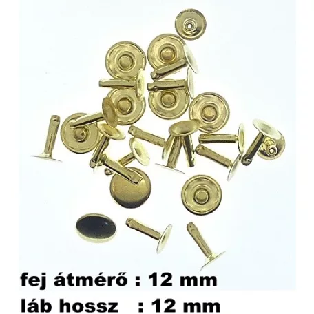 Csőszegecs, bőrszegecs 12 mm (fej)+12 mm (láb), rézarany, vas alapú. (100 pár/csomag)