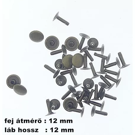 Csőszegecs, bőrszegecs 12 mm (fej)+12 mm (láb), antikolt réz színű,  vas alapú. (100 pár/csomag)