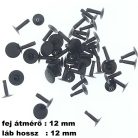 Csőszegecs, bőrszegecs 12 mm (fej)+12 mm (láb), black-nikkel (fekete)színű ,  vas alapú.  (100 pár/cs)