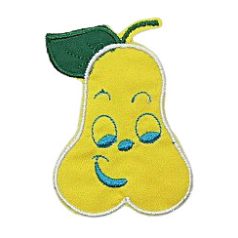   Sárga körte alakú, varrható jel, címke, folt, 75mmx50mm, óvódás jel.  (5 db/cs) 