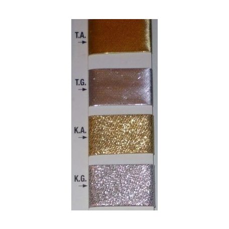 Lurex és metál ferdepánt 20 mm széles behajtott,  arany vagy ezüst színben  (25 m/orsó) Szegőszalag. 