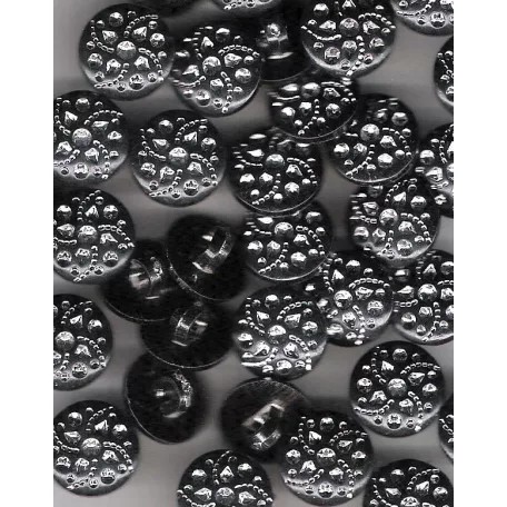 Fekete gomb ezüst  mintával, hátúl varró, 12 mm, 36 Ft/db 50 db/csomag 