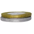 Lurex szalag, 10 mm, arany vagy ezüst színben, dekorációs kellék.  ( 22 méter/orsó)
