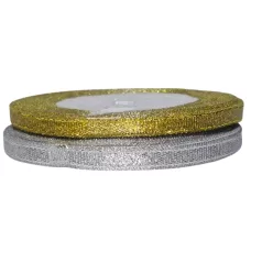   Lurex szalag, 10 mm, arany vagy ezüst színben, dekorációs kellék.  ( 22 méter/orsó)
