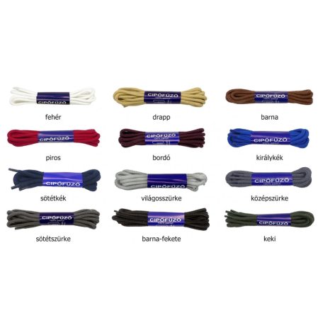Cipőfűző 90 cm vastag hengeres, többféle színben 5 lyukas cipőbe. (10 pár/csomag)