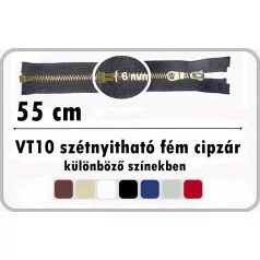   Fémcipzár 55 cm VT10 szétnyitható húzózár, antikolt réz,  többféle színben.  ( 5 db/cs )