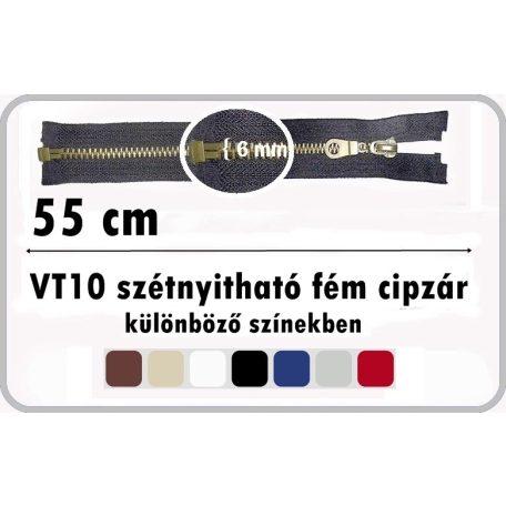 Fémcipzár 55 cm VT10 szétnyitható húzózár, antikolt réz,  többféle színben.  ( 5 db/cs )