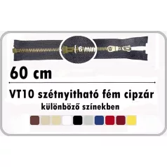  Fémcipzár 60 cm VT10 szétnyitható húzózár, antikolt réz fogú, többféle színben.  (5 db/cs)