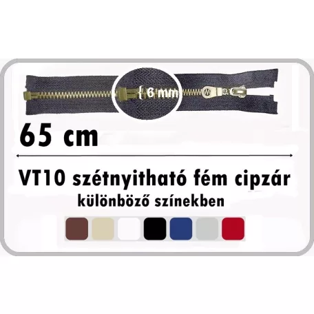 Fémcipzár 65 cm  VT10 szétnyitható húzózár, antikolt réz, többféle színben.  (5 db/cs )