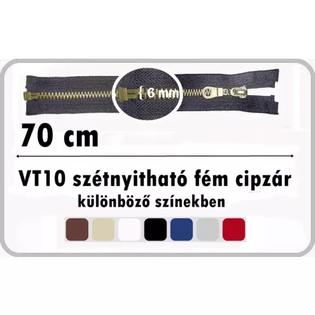 Fémcipzár 70 cm VT10 szétnyitható húzózár, antikolt réz fogú,  többféle színben. (5 db/cs)