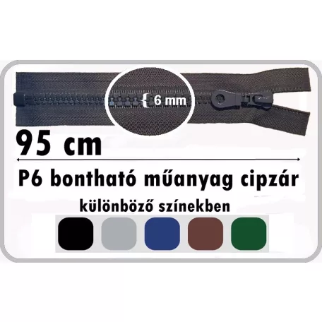 P6 műanyag cipzár bontható 95 cm  (5 db/szín ) 