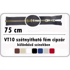   Fémcipzár 75 cm VT10 szétnyitható húzózár, antikolt réz fogú, többféle színben. ( 5 db /cs)    