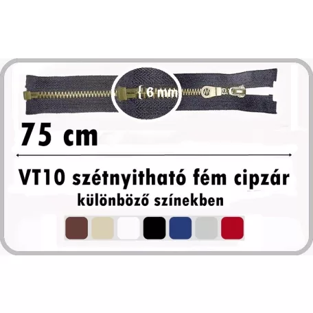 Fémcipzár 75 cm VT10 szétnyitható húzózár, antikolt réz fogú, többféle színben. ( 5 db /cs)    