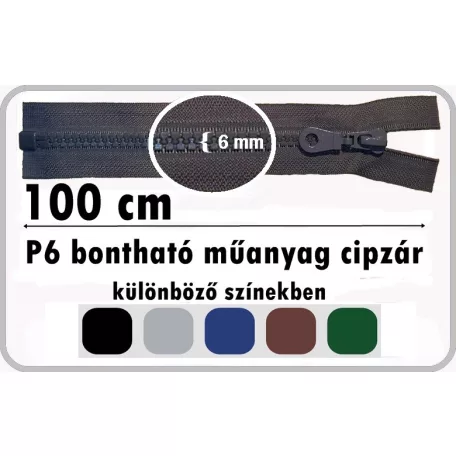 P6 műanyag cipzár bontható 100 cm (5 db/szín ) 
