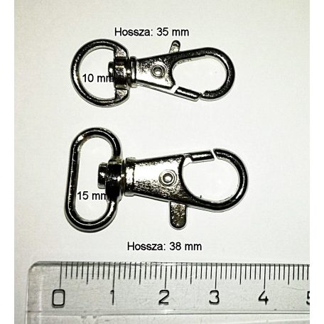 Karabiner 15 mm-es bújtatóval, nikkel ezüst vagy antik színű    (25 db)