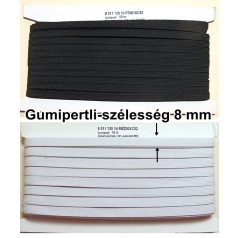   Gumipertli 8 mm erősített gumiszalag fehér vagy fekete színben, (12 szálas ) ( 50 méteres) Gatyagumi.