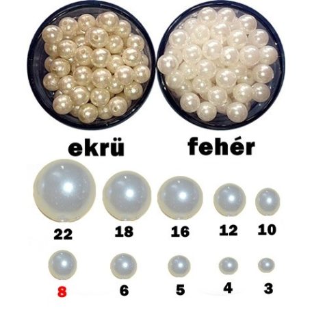 Tekla gyöngy 8 mm fűzhető fehér, gyöngyfehér, vagy ekrü. (5:1)  (100 db/cs)