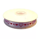 Szivecskés szatén szalag, fehér alapon, piros minta. 13 mm x 23 méteres 
