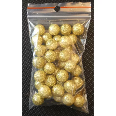 Csillámos golyó 15 mm-es hungarocell gömb, arany 40 db/csomag. Karácsonyi dekorációs kellék. Glitteres