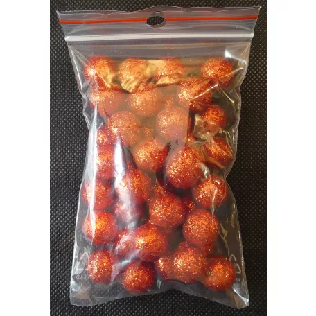 Csillámos golyó 15 mm-es hungarocell gömb, piros 40 db/csomag. Karácsonyi dekorációs kellék. Glitteres.