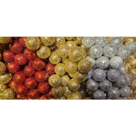 Csillámos golyó 15 mm-es hungarocell gömb, piros 40 db/csomag. Karácsonyi dekorációs kellék. Glitteres.