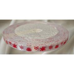   Karácsonyi szalag fehér alapon piros hópelyhes minta. 6 mm x25 yard