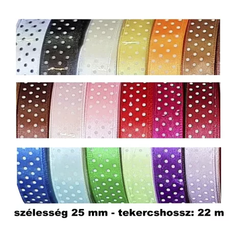 Pöttyös szalag 25 mm x 22 méter, többféle színben (festett pöttyökkel) Dekorációs textil szalag.