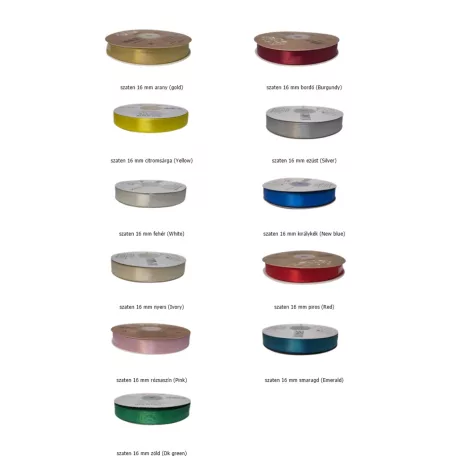 Szatén szalag 16 mm többféle színben.  Kétoldalas szalag 50 méter/orsó. Dekorációs kötöző szalag.