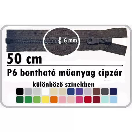 P6 műanyag cipzár bontható 50 cm
