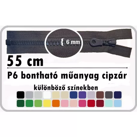 P6 műanyag cipzár bontható 55 cm