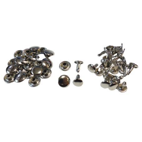 Csőszegecs, bőrszegecs dupla fejű 10 mm fej x 8 mm láb x 8 mm hátsó fej  vas alapú, ezüst színű 24 Ft/pár (100 pár)