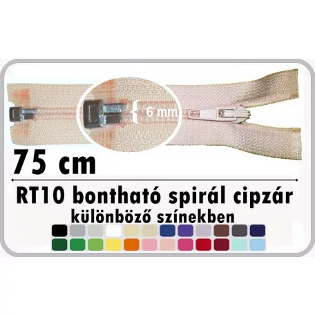 RT10 bontható, 75 cm-es spirál cipzár, több színben 