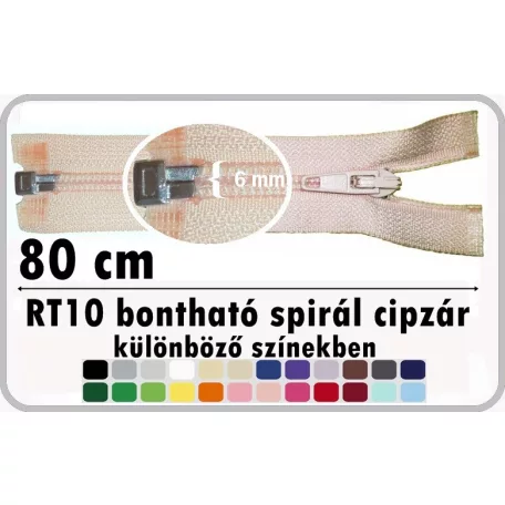 RT10 bontható, 80 cm-es spirál cipzár, több színben 