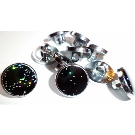 Divatgomb sima felületű fekete, színes csillámokkal, hátul varró, 13 mm, 30 Ft / db 