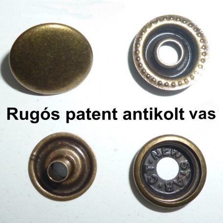 Rugós patent vas, 15 mm antikolt réz színű (100 szett/csomag)