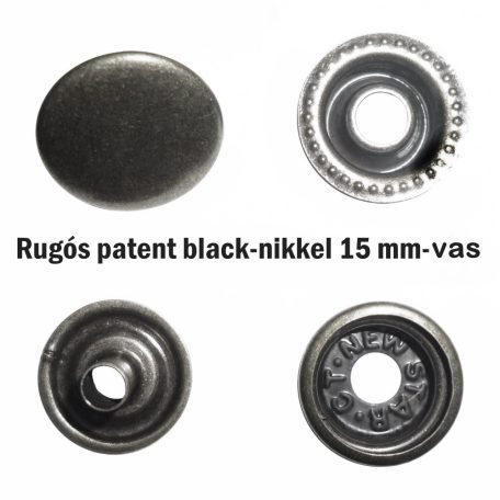 Rugós patent vas, 15 mm black nikkel színű (100 szett/csomag)