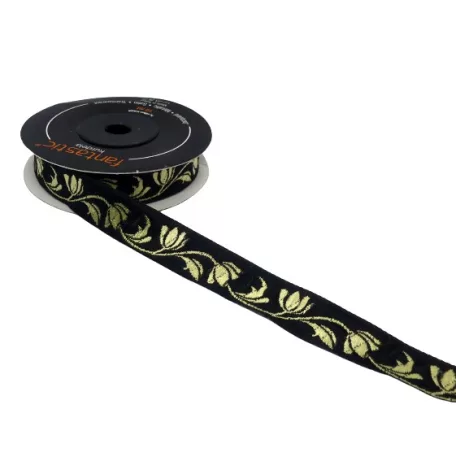 Szalag fekete - arany tulipános 16 mm. 10 méter/orsó Fantastic Jacquard