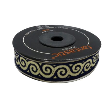 Szalag sötétkék - arany inda mintás 16 mm. 10 méter/orsó Fantastic Jacquard