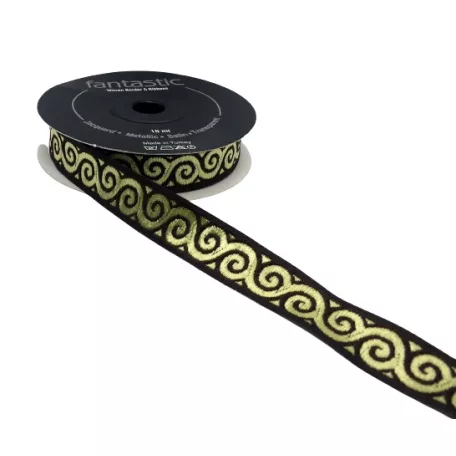 Szalag sötétkék - arany inda mintás 16 mm. 10 méter/orsó Fantastic Jacquard