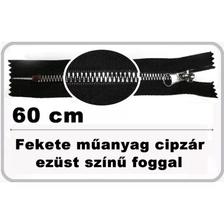 Műanyag cipzár 60 cm  bontható. Fém hatású elegáns műanyag fog ,  arany vagy ezüst foggal.  