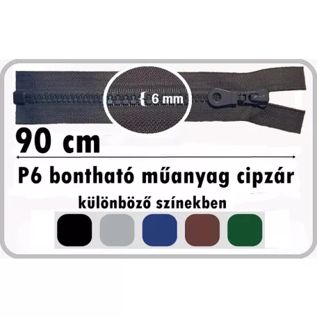 P6 műanyag cipzár bontható 90 cm  (5 db/szín/kiszerelés )
