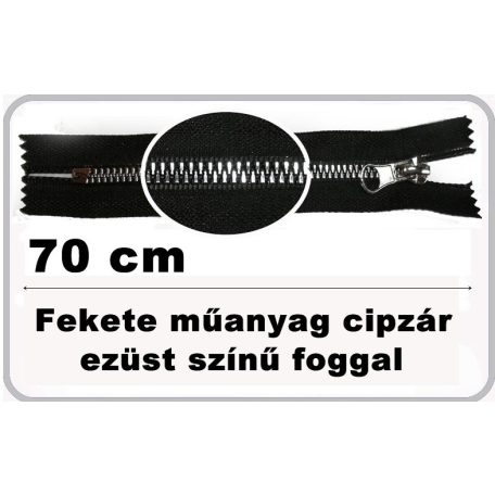 Műanyag cipzár 70 cm  bontható. Fém hatású elegáns műanyag fog ,  arany vagy ezüst foggal.  