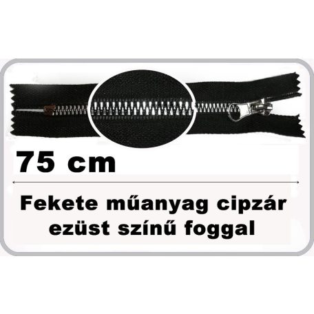Műanyag cipzár 75 cm  bontható. Fém hatású elegáns műanyag fog ,  arany vagy ezüst foggal.  