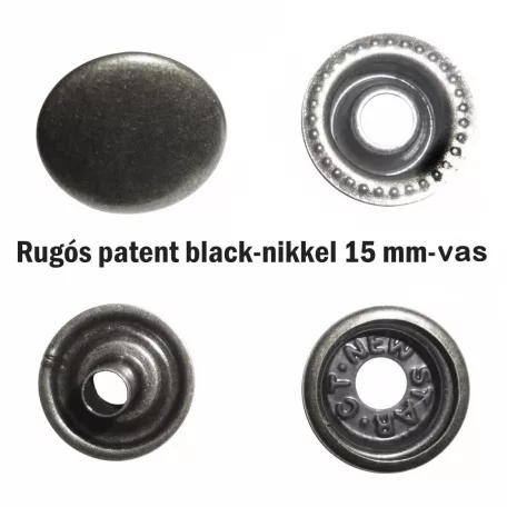 Rugós patent 15 mm  vas anyagú, ezüst, antik black nikkel színű (100 szett/csomag)